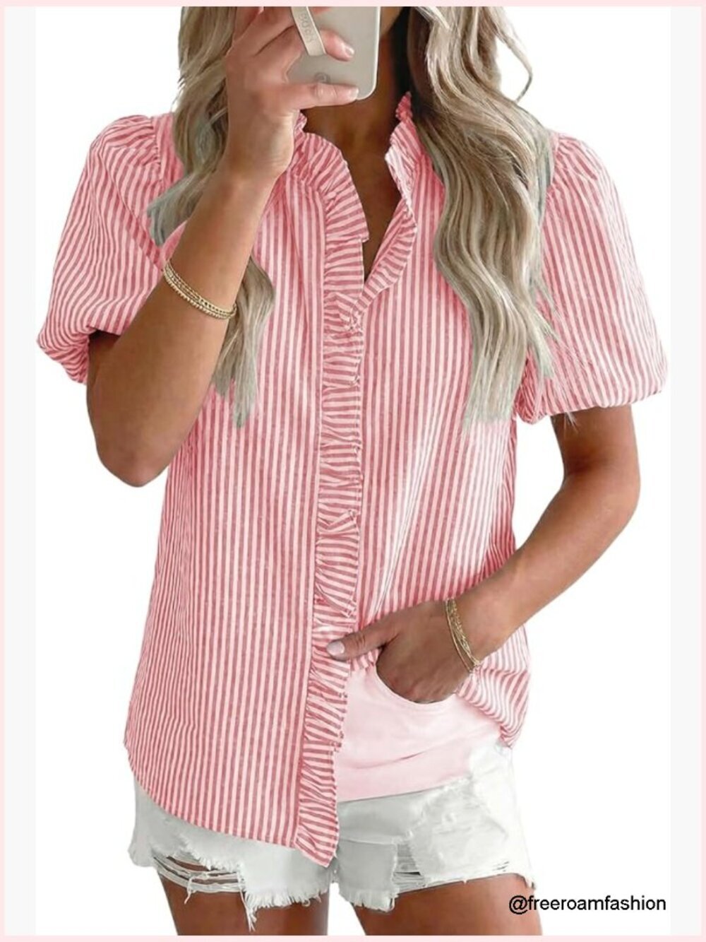 Striped Ruffle Collar Puff Sleeve Button Down Shirt Blouse Business Casual Top